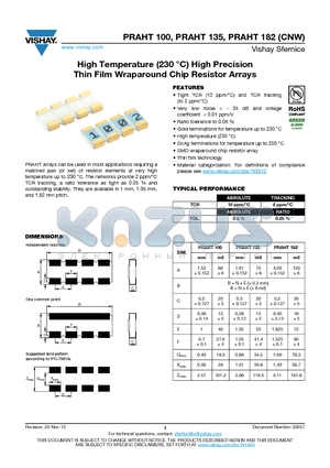 PRAHT100 datasheet - High Temperature (230 `C) High Precision Thin Film Wraparound Chip Resistor Arrays