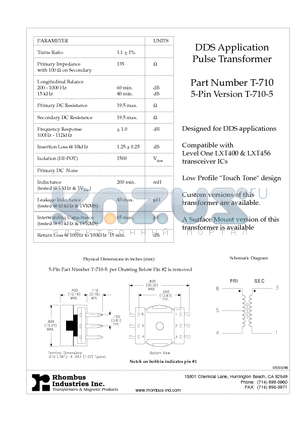 T-710-5 datasheet - DDS Application Pulse Transformer