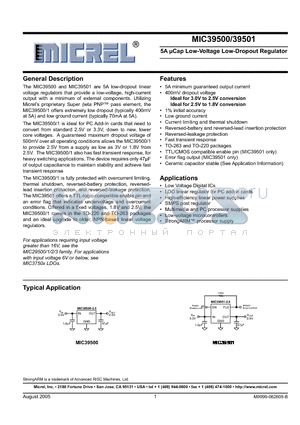 MIC39500-2.5BT datasheet - 5A lCap Low-Voltage Low-Dropout Regulator