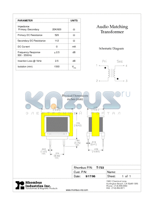 T-733 datasheet - Audio Matching Transformer