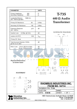 T-735 datasheet - 600 W Audio Transformer