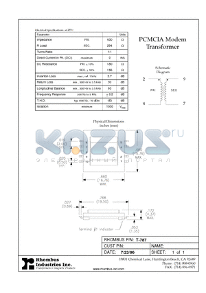 T-787 datasheet - PCMCIA Modem Transformer