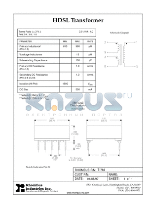 T-789 datasheet - HDSL Transformer