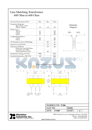 T-795 datasheet - Line Matching Transformer 600 Ohm to 600 Ohm