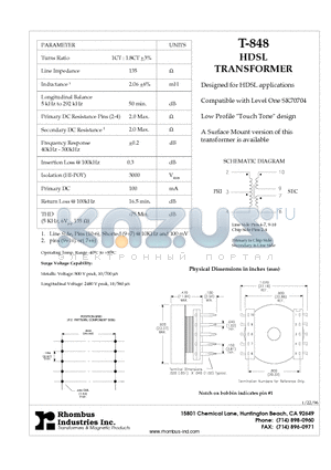 T-848 datasheet - HDSL TRANSFORMER
