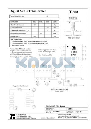 T-880 datasheet - Digital Audio Transformer