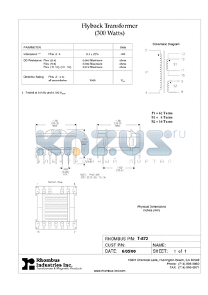 T-872 datasheet - Flyback Transformer