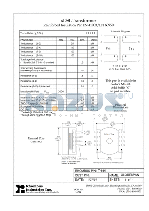 T-886 datasheet - xDSL Transformer