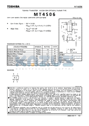 MT4S06 datasheet - TOSHIBA TRANSISTOR SILICON NPN EPITAXIAL PLANAR TYPE