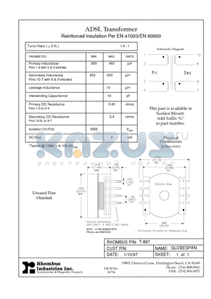 T-887 datasheet - ADSL Transformer