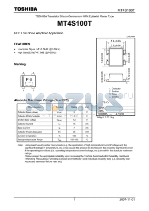 MT4S100T datasheet - UHF Low Noise Amplifier Application