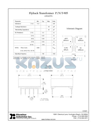 T-905 datasheet - Flyback Transformer