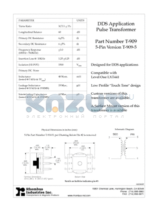 T-909 datasheet - DDS Application Pulse Transformer