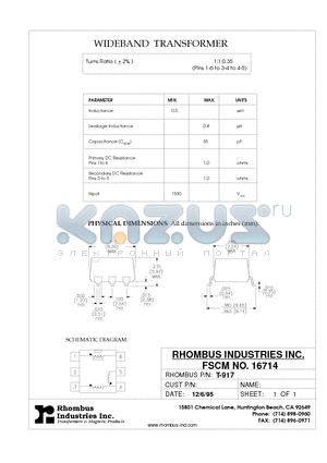 T-917 datasheet - WIDEBAND TRANSFORMER