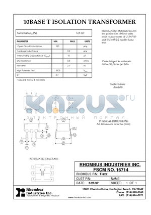 T-922 datasheet - 10BASE T ISOLATION TRANSFORMER