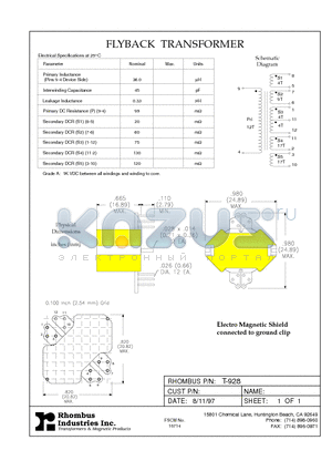 T-928 datasheet - FLYBACK TRANSFORMER