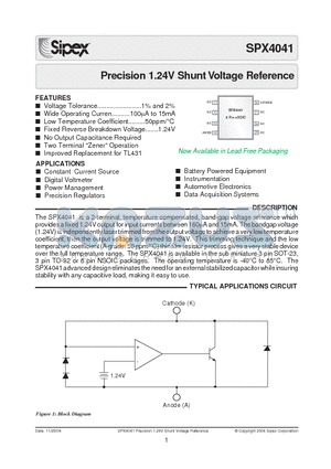 SPX4041AM/TR datasheet - Precision 1.24V Shunt Voltage Reference