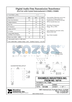 T-934 datasheet - Digital Audio Data Transmission Transformer