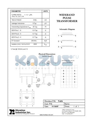 T-970 datasheet - WIDEBAND PULSE TRANSFORMER