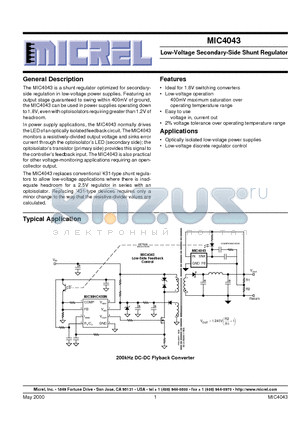 MIC4043BM4 datasheet - Low-Voltage Secondary-Side Shunt Regulator