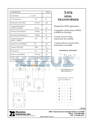 T-976 datasheet - HDSL TRANSFORMER