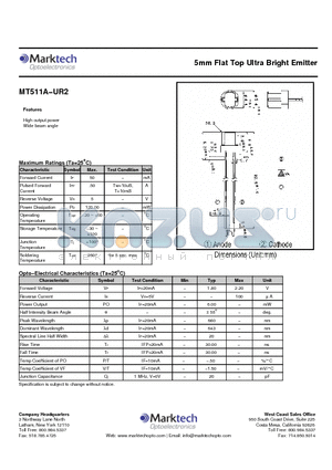 MT511A-UR2 datasheet - 5mm Flat Top Ultra Bright Emitter