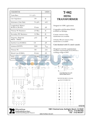 T-982 datasheet - HDSL TRANSFORMER