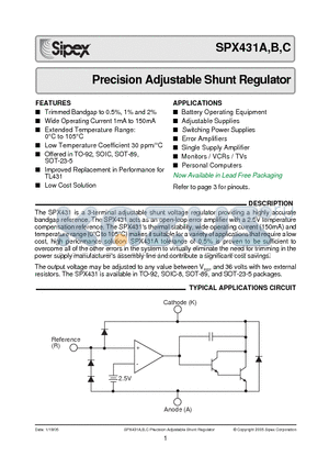 SPX431B datasheet - Precision Adjustable Shunt Regulator