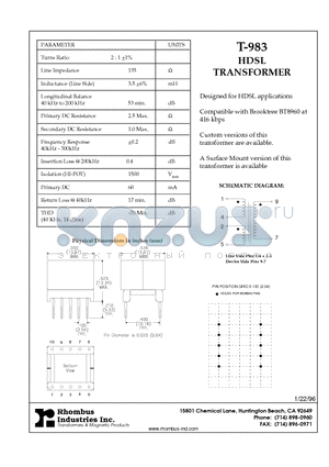 T-983 datasheet - HDSL TRANSFORMER