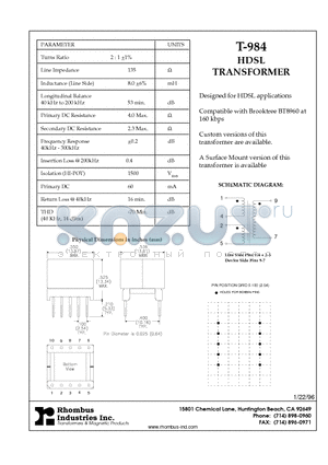 T-984 datasheet - HDSL TRANSFORMER