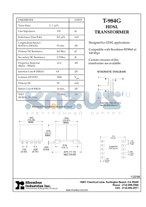 T-984G datasheet - HDSL TRANSFORMER