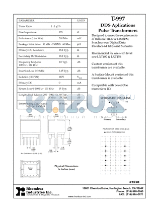 T-997 datasheet - DDS Aplications Pulse Transformers