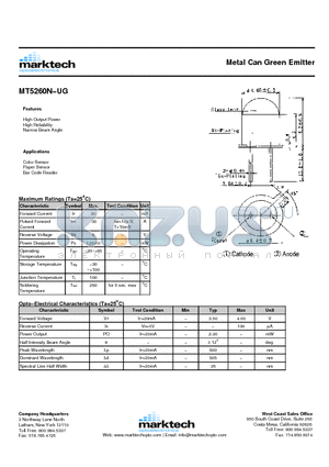 MT5260N-UG datasheet - Metal Can Green Emitter