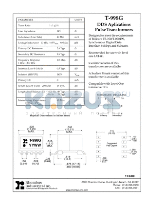 T-998G datasheet - DDS Aplications Pulse Transformers