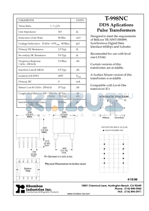 T-998NC datasheet - DDS Aplications Pulse Transformers