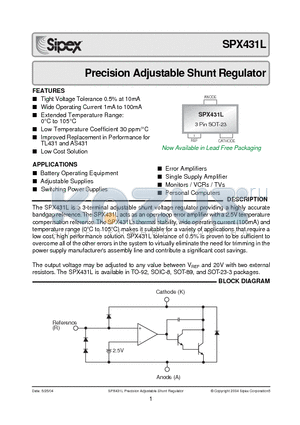 SPX431LAN datasheet - Precision Adjustable Shunt Regulator