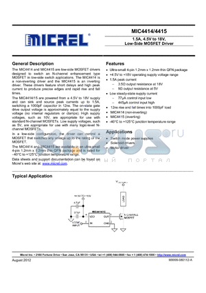 MIC4415 datasheet - 1.5A, 4.5V to 18V Low-Side MOSFET Driver