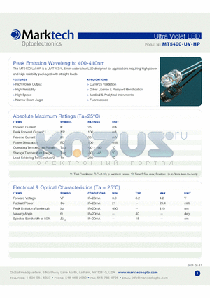 MT5400-UV-HP datasheet - Peak Emission Wavelength: 400-410nm