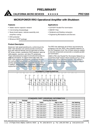 PRC1284-02SR datasheet - MICROPOWER PRO OPERATIONAL AMPLIFIER WITH SHUTDOWN