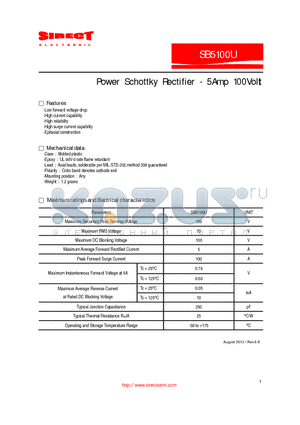 SB5100U datasheet - Power Schottky Rectifier - 5Amp 100Volt