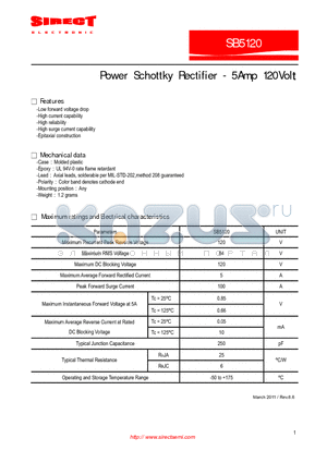 SB5120 datasheet - Power Schottky Rectifier - 5Amp 120Volt