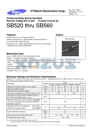 SB520 datasheet - 5.0Amp Schottky Barrier Rectifiers Reverse Voltage 20V to 60V Forward Current 5A