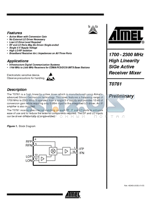 T0781 datasheet - 1700 - 2300 MHz High Linearity SiGe Active Receiver Mixer