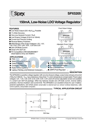 SPX5205 datasheet - 150mA, Low-Noise LDO Voltage Regulator