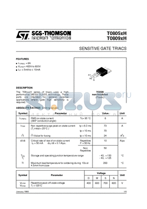 T0809XH datasheet - SENSITIVE GATE TRIACS