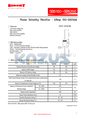 SB5200 datasheet - Power Schottky Rectifier - 5Amp 150~200Volt