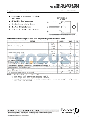 TIP34 datasheet - PNP SILICON POWER TRANSISTORS
