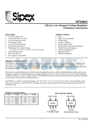 SPX8863 datasheet - 120 mA, Low Dropout Voltage Regulator