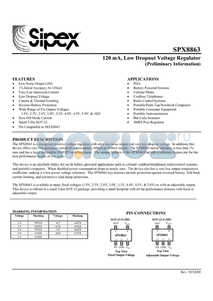 SPX8863M5-1.8 datasheet - 120 mA, Low Dropout Voltage Regulator