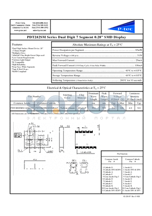 PDT282SM-CAMG17 datasheet - Dual Digit 7 Segment 0.28 SMD Display